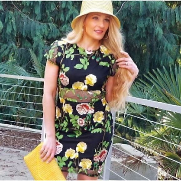 Agaci Floral Mesh Embroidery Bodycon Flower Short Sleeve Mini Dress M - Picture 2 of 8